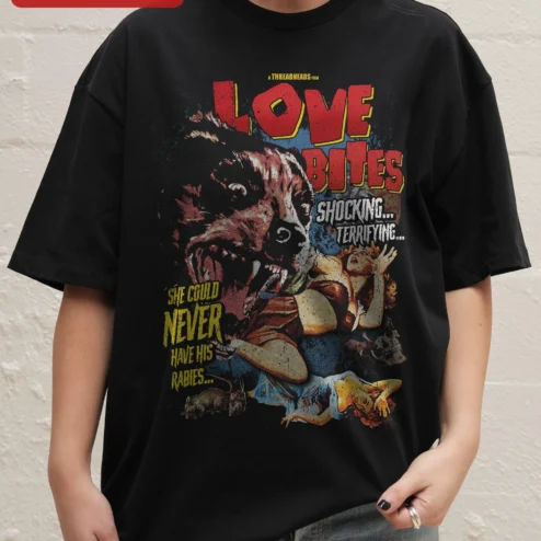 Love Bites Retro Horror Movie Poster Graphic Tee Vintage Zombie Style Shirt