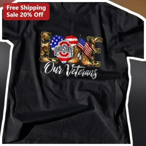 Love Our Veterans Ohio State Buckeyes Camo Flag Heart Graphic Tee for Military Families