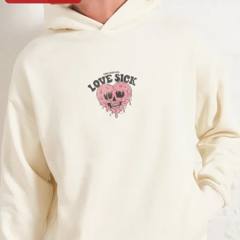Love Sick Hoodie Melting Skull Heart Vintage Gothic Streetwear Unisex Graphic Pullover on a hanger, ready to ship from Chicago, Illinois