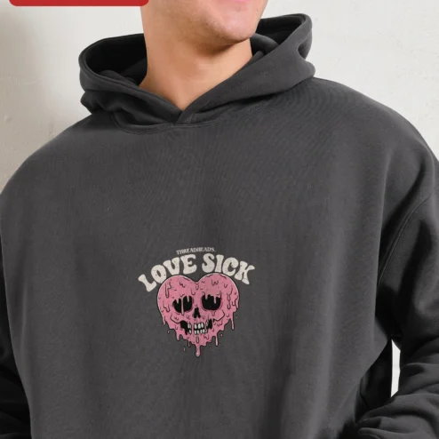 Customer in Chicago, Illinois wearing Love Sick Hoodie Melting Skull Heart Vintage Gothic Streetwear Unisex Graphic Pullover