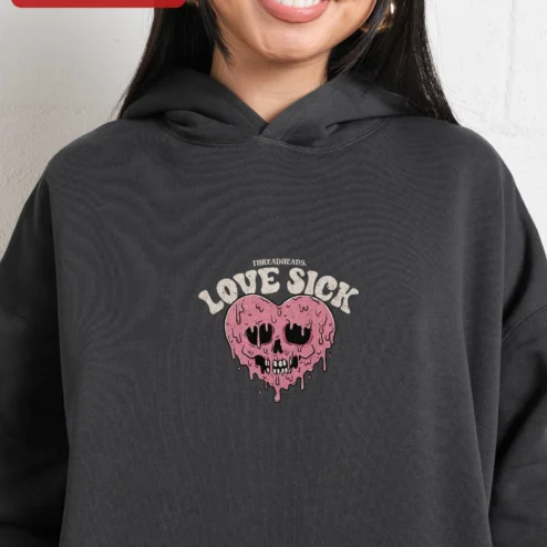 Customer in Chicago, Illinois wearing Love Sick Hoodie Melting Skull Heart Vintage Gothic Streetwear Unisex Graphic Pullover