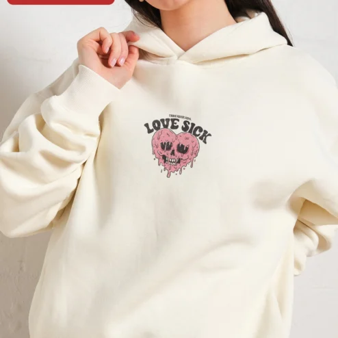 Close-up of Love Sick Hoodie Melting Skull Heart Vintage Gothic Streetwear Unisex Graphic Pullover for streetwear fans in Chicago, Illinois