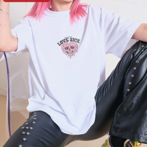 Love Sick Oversized Tee Y2K Grunge Melting Skull Heart Graphic T-Shirt for Women Men Unisex Streetwe on a hanger, ready to ship from Chicago, Illinois