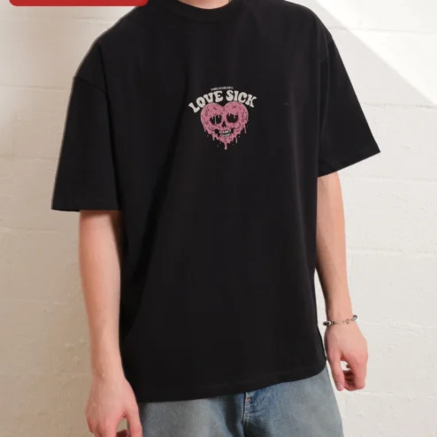 Love Sick Oversized Tee Y2K Grunge Melting Skull Heart Graphic T-Shirt for Women Men Unisex Streetwear