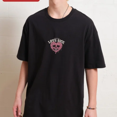 Love Sick Tee Melting Skull Heart Graphic Ringer Shirt Alternative Grunge Y2K Streetwear on a hanger, ready to ship from Chicago, Illinois
