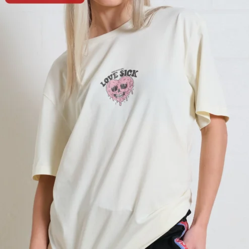 Close-up of Love Sick Tee Melting Skull Heart Graphic Ringer Shirt Alternative Grunge Y2K Streetwear for streetwear fans in Chicago, Illinois