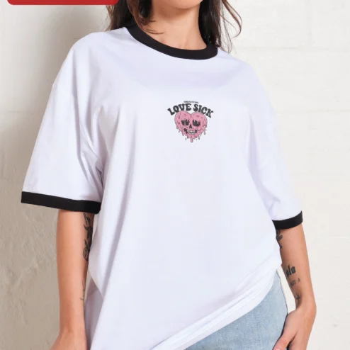 Love Sick Tee Melting Skull Heart Graphic Ringer Shirt Alternative Grunge Y2K Streetwear