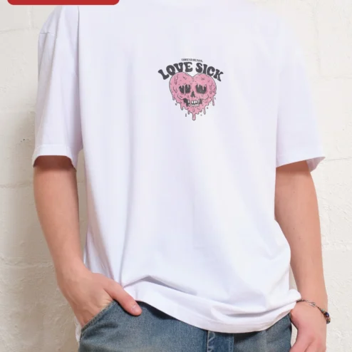 Close-up of Love Sick Tee Melting Skull Heart Graphic Ringer Shirt Alternative Grunge Y2K Streetwear for streetwear fans in Chicago, Illinois