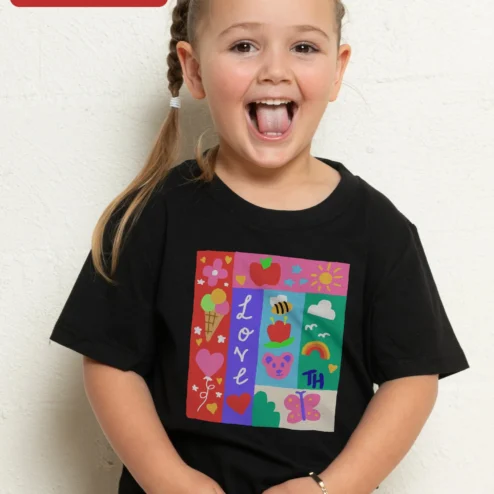 LOVE TH Tee Colorful Patchwork Icons Graphic T-Shirt for Teachers and Kids