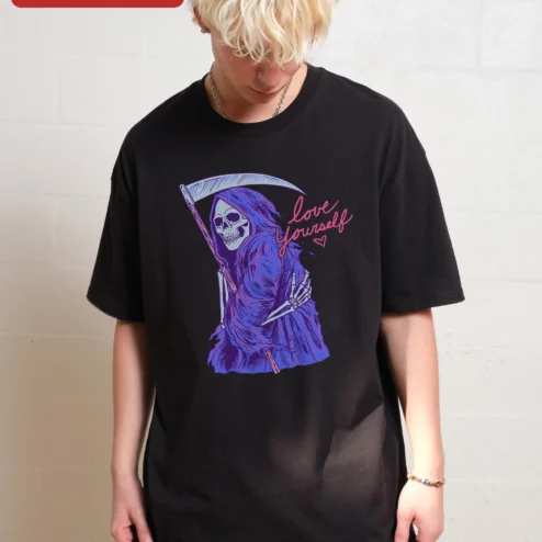 Love Yourself Tee Pastel Goth Grim Reaper Hugging Self Love Graphic Shirt for Women Men on a hanger, ready to ship from Chicago, Illinois