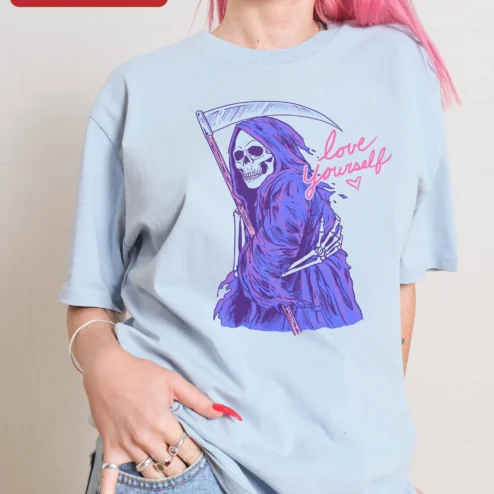 Love Yourself Tee Pastel Goth Grim Reaper Hugging Self Love Graphic Shirt for Women Men
