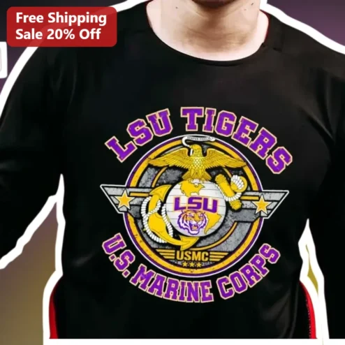 LSU Tigers US Marine Corps Tee Veteran Gift Distressed Vintage Military College Fan Shirt