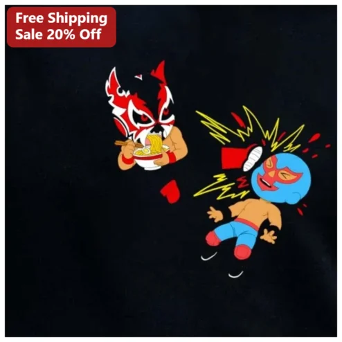 Lucha Libre Wrestler Eating Ramen Tee Funny Mexican Wrestling Graphic T-Shirt for Men Women