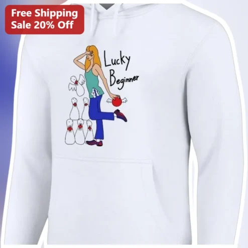 Lucky Beginner Hoodie Funny Bowling Pun Cartoon Angel Pins Gift for Bowlers