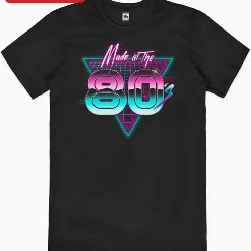 Made in The 80's Tee Retro Synthwave Vaporwave Nostalgia Gift for Born in the 80s on a hanger, ready to ship from Chicago, Illinois