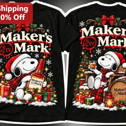 Maker's Mark Snoopy Christmas Tee Black Cotton Graphic T-Shirt Holiday Gift for Men Women