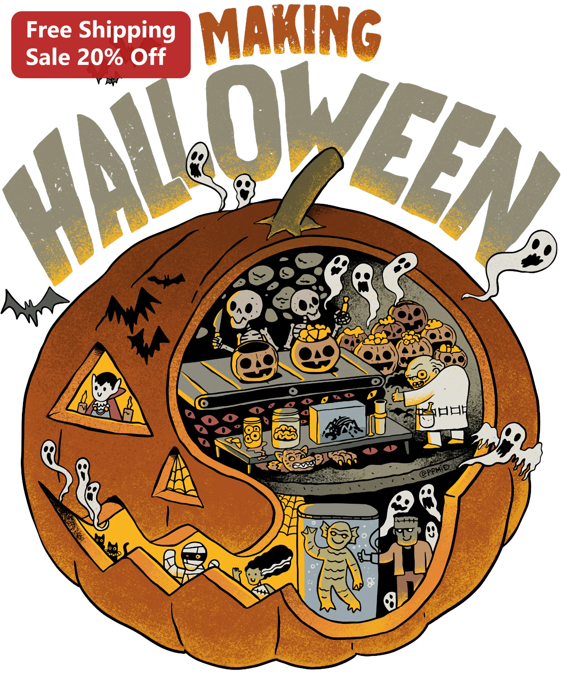Making Halloween Tee Spooky Factory Skeletons Pumpkin Carving Graphic T-Shirt for Kids and Families