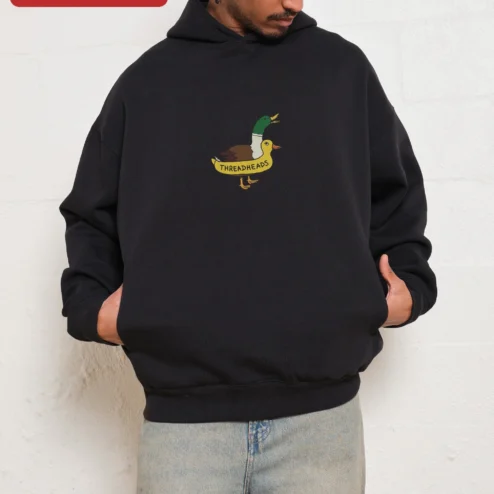 Customer in Chicago, Illinois wearing Mallard Duck Couple Hoodie Illustrated Bird Graphic Sweatshirt for Nature Lovers