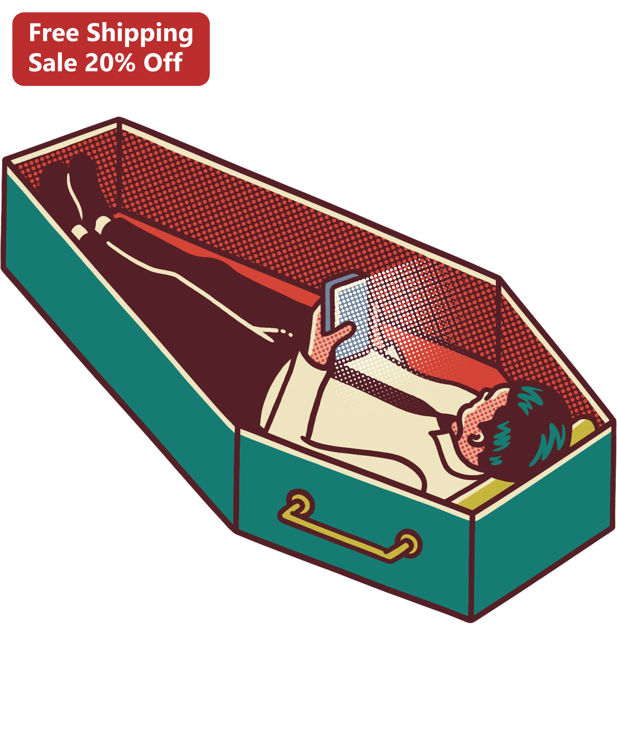 Man in Coffin Looking at Phone Retro Comic Art Decal Dark Humor Vinyl Sticker for Laptop Car