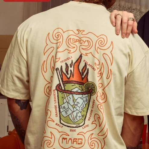 MARG Spicy Margarita Cocktail Graphic Tee Tribal Style Streetwear Shirt on a hanger, ready to ship from Chicago, Illinois