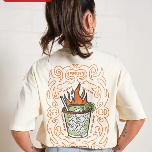 Close-up of MARG Spicy Margarita Cocktail Graphic Tee Tribal Style Streetwear Shirt for streetwear fans in Chicago, Illinois