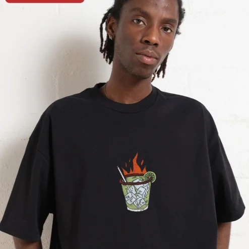 Close-up of MARG Spicy Margarita Cocktail Graphic Tee Tribal Style Streetwear Shirt for streetwear fans in Chicago, Illinois