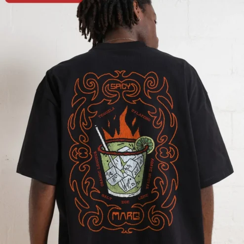 Close-up of MARG Spicy Margarita Cocktail Graphic Tee Tribal Style Streetwear Shirt for streetwear fans in Chicago, Illinois