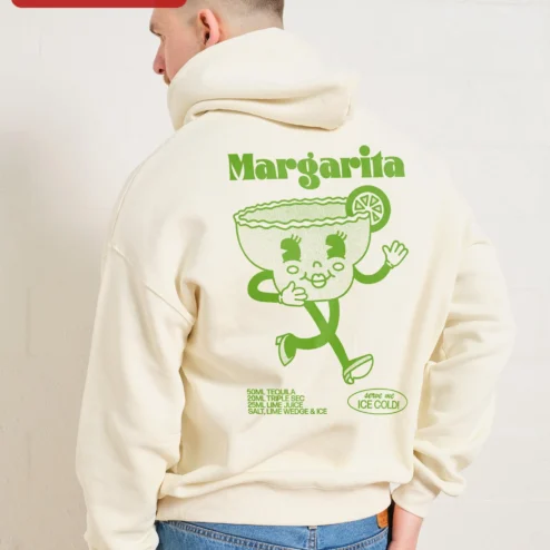 Close-up of Margarita Running Hoodie Green Line Art Novelty Sweatshirt for Cocktail Lovers for streetwear fans in Chicago, Illinois