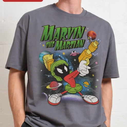 Marvin the Martian Vintage Graphic Tee Looney Tunes Retro Space Cartoon Shirt on a hanger, ready to ship from Chicago, Illinois
