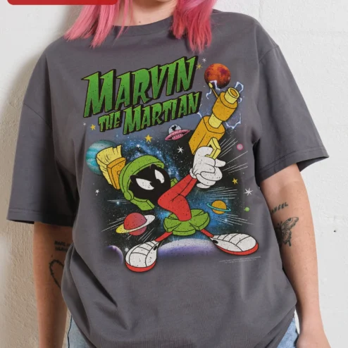 Customer in Chicago, Illinois wearing Marvin the Martian Vintage Graphic Tee Looney Tunes Retro Space Cartoon Shirt