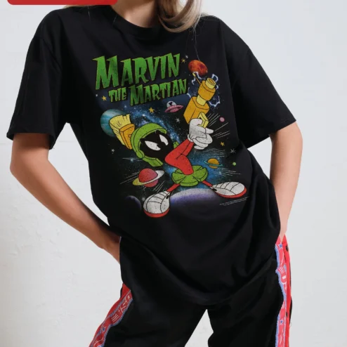 Close-up of Marvin The Martian Vintage Graphic Tee Looney Tunes Retro Space Character Shirt for streetwear fans in Chicago, Illinois