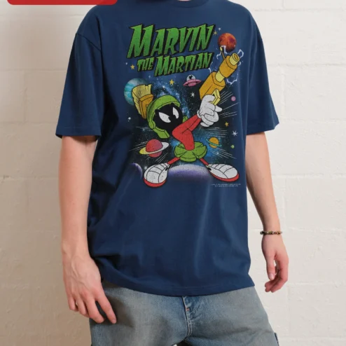 Close-up of Marvin The Martian Vintage Graphic Tee Looney Tunes Retro Space Character Shirt for streetwear fans in Chicago, Illinois