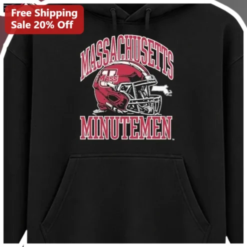 Massachusetts Minutemen Hoodie UMass Amherst College Football Spirit Wear Black Pullover Sweatshirt available at our Chicago, Illinois warehouse