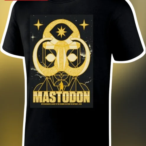 Mastodon Tee Gold Geometric Band Logo Graphic T-Shirt Heavy Metal Concert Merch