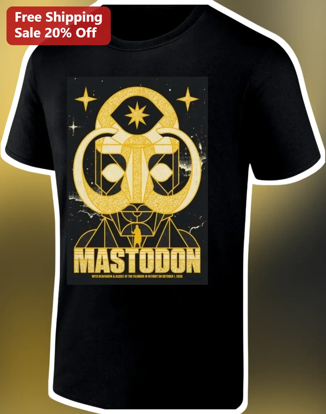 Mastodon Tee Gold Geometric Band Logo Graphic T-Shirt Heavy Metal Concert Merch