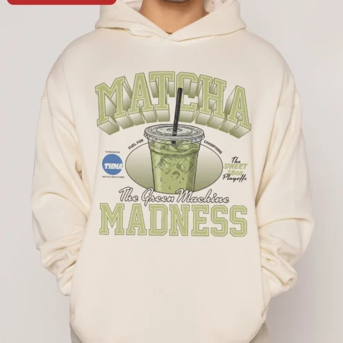 Matcha Madness The Green Machine Hoodie Iced Matcha Latte Retro Collegiate Gift for Tea Lovers