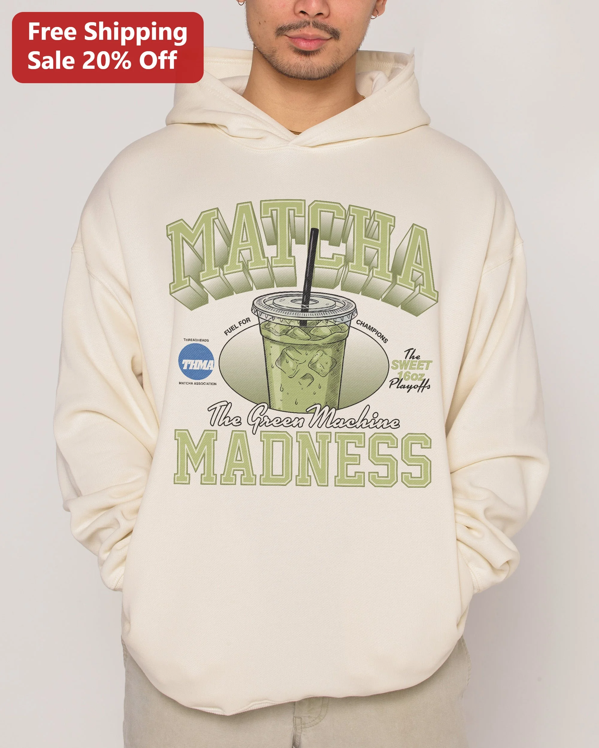 Matcha Madness The Green Machine Hoodie Iced Matcha Latte Retro Collegiate Gift for Tea Lovers