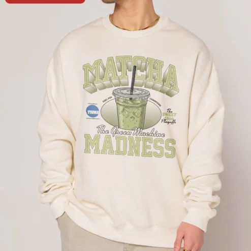 Matcha Madness The Green Machine Sweatshirt Retro Varsity Iced Matcha Latte Crewneck Gift for Matcha Lovers