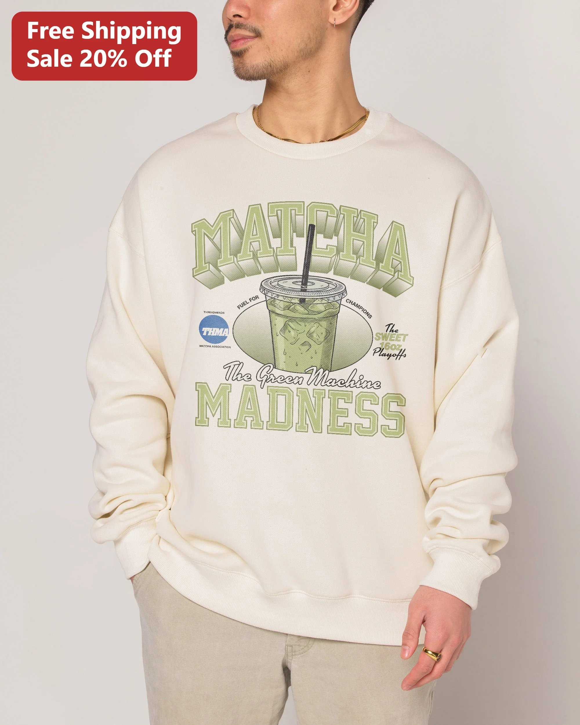 Matcha Madness The Green Machine Sweatshirt Retro Varsity Iced Matcha Latte Crewneck Gift for Matcha Lovers