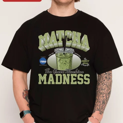 Matcha Madness The Green Machine Tee Iced Matcha Latte Retro Varsity Graphic Shirt for Matcha Lovers and Baristas