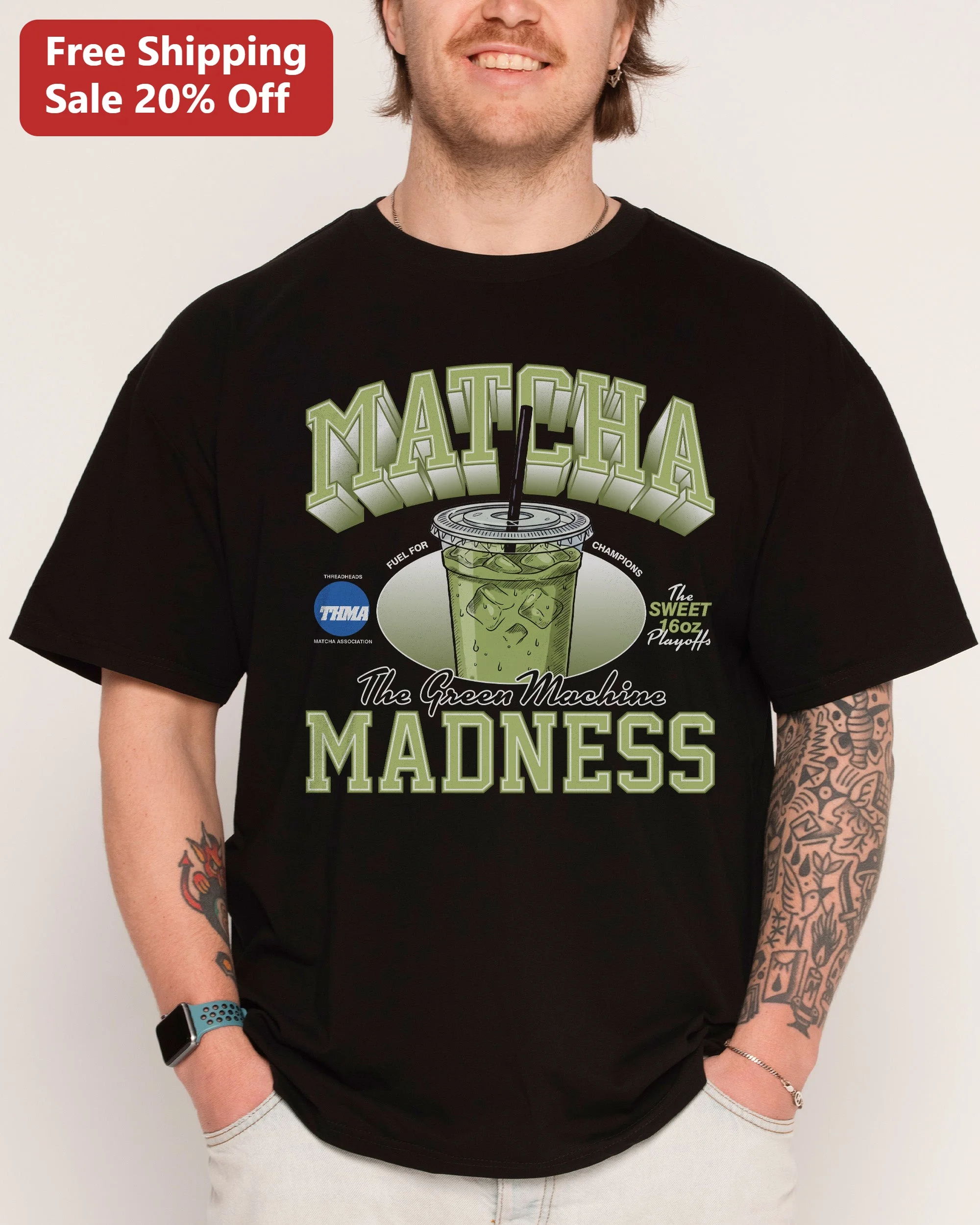 Matcha Madness The Green Machine Tee Iced Matcha Latte Retro Varsity Graphic Shirt for Matcha Lovers and Baristas