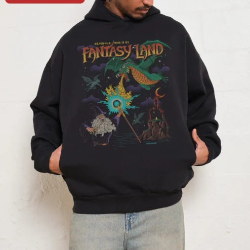 Meanwhile Back In My Fantasy Land Hoodie Wizard Dragon Graphic Pullover on a hanger, ready to ship from Chicago, Illinois
