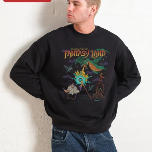 Meanwhile Back In My Fantasy Land Sweatshirt Wizard Dragon Retro RPG Geek Gift on a hanger, ready to ship from Chicago, Illinois