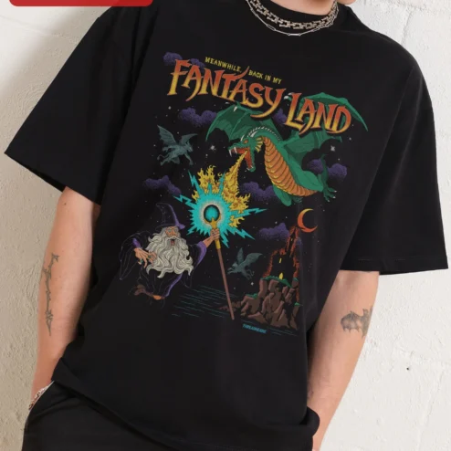 Meanwhile Back In My Fantasy Land Tee Retro Wizard Dragon Graphic Shirt for Gamers