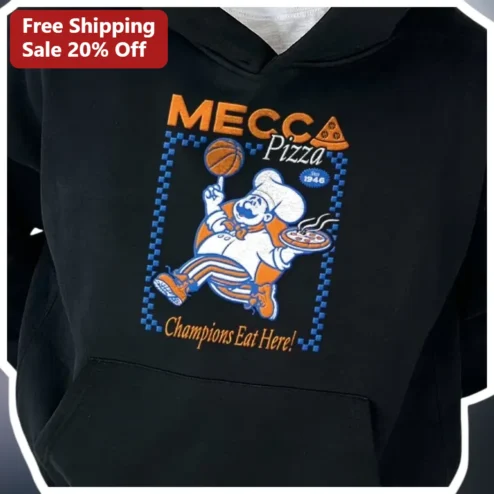 MECCA Pizza Champions Eat Here Hoodie Retro Basketball Mascot Apparel Gift for Pizza Lovers