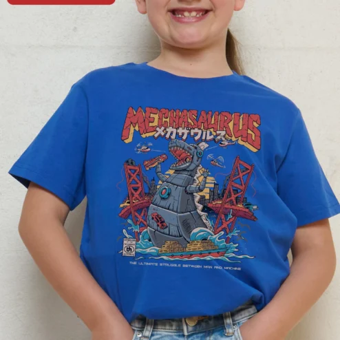 Mechasaurus Man Vs Machine Graphic Tee Retro Sci-Fi Robot Dinosaur Shirt on a hanger, ready to ship from Chicago, Illinois