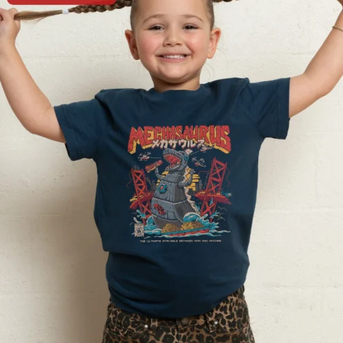 Customer in Chicago, Illinois wearing Mechasaurus Man Vs Machine Graphic Tee Retro Sci-Fi Robot Dinosaur Shirt
