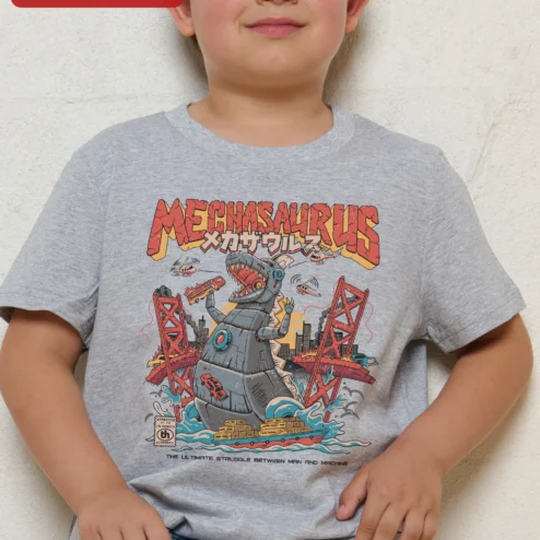 Close-up of Mechasaurus Man Vs Machine Graphic Tee Retro Sci-Fi Robot Dinosaur Shirt for streetwear fans in Chicago, Illinois