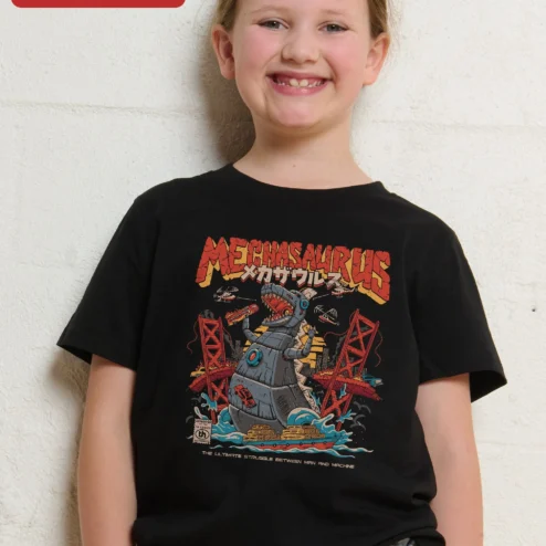 Mechasaurus Man Vs Machine Graphic Tee Retro Sci-Fi Robot Dinosaur Shirt