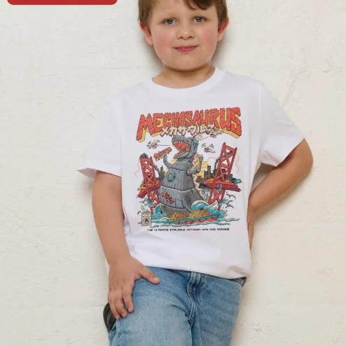 Customer in Chicago, Illinois wearing Mechasaurus Man Vs Machine Graphic Tee Retro Sci-Fi Robot Dinosaur Shirt